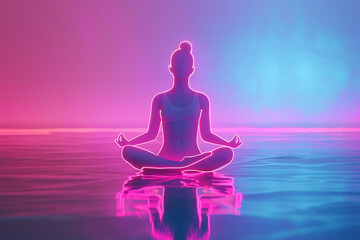 Meditative silhouette of a person in lotus pose with neon lights and water reflection