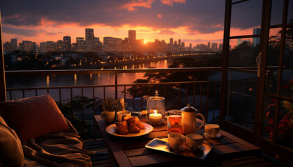 Cityscape at dusk, skyscrapers illuminated, outdoor table relaxation generated by AI