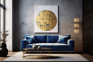 a modern living room with grey walls and a painting framed on the wall with a blue couch and blue pillows adjusted before a brown golden table