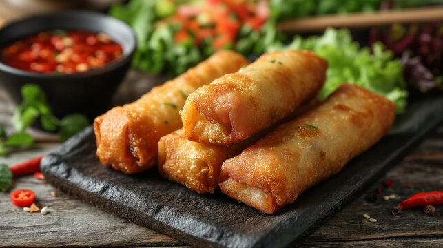 Delicious Chinese fried spring roll on a plate with a red dipping sauce and salad. food photography