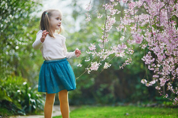 Adorable preschooler girl enjoying nice spring day in park during cherry blossom season