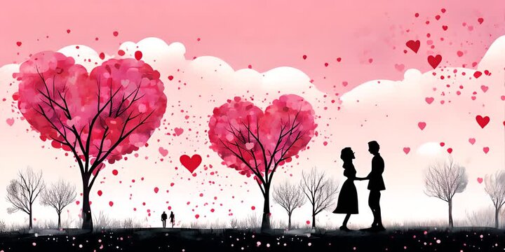 video di amore e gentilezza, silhouette di coppia in parco surreale fatto di alberi di cuori rosa e foglie di cuori, cielo rosa con nuvole bianche 