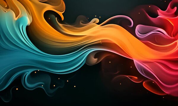 onde fluttuanti di colori primari su sfondo nero, che si sfaldano e si ricompongono, wallpaper dinamico e rilassante
