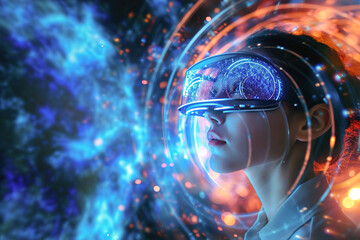 VR Headset, 3D avatars with 3D people faces around her, Woman Enters Digital Internet 3D Universe with Avatars. Next Generation Immersive Social Media.
