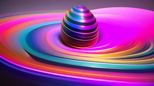 Animazione di rendering 3d di sfera o pallina metallizzata che ruota su se stessa, colori al neon, senso di calma e fluidità