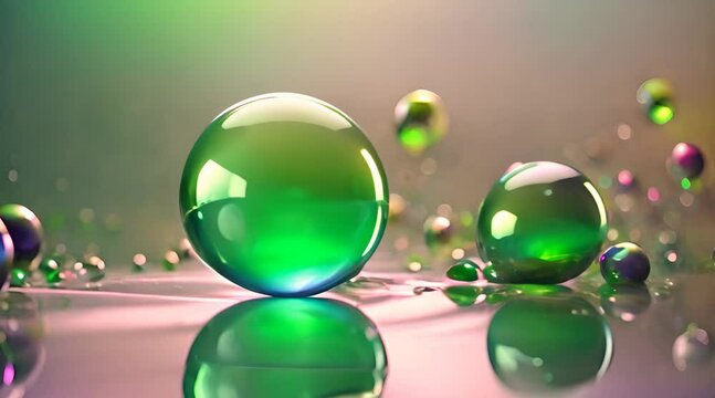 Animazione di rendering 3d di sfera o pallina verde di cristallo o plastca  che ruota su se stessa, colori al neon, senso di calma e fluidit&agrave;