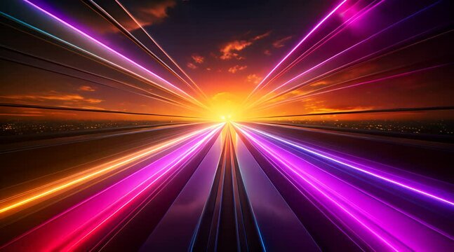 Sfondo di velocit&agrave; della luce, iperspazio, curvatura dello spazio. strisce di luce colorate che si raccolgono verso l'orizzonte 