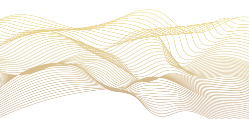Vector abstract line art wavy flowing dynamic gold isolated on transparent background in concept luxury, wave, wind, ocean, landscape illustration.