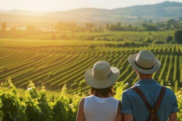 couple in sunhats, enjoying a sunlit vineyard view