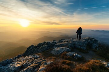 Fototapeta premium couple on a mountain top with a sunrise view