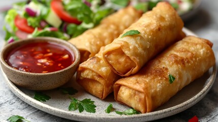 Delicious Chinese fried spring roll on a plate with a red dipping sauce and salad. food photography - obrazy, fototapety, plakaty
