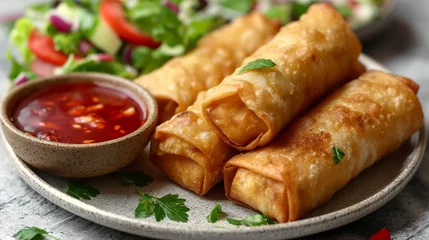 Foto op Plexiglas Delicious Chinese fried spring roll on a plate with a red dipping sauce and salad. food photography © ME_Photography