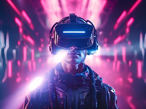 cyborg futuristico con casco VR simboleggiante la realt&agrave; virtuale e le nuove tecnologie, luci led alle spalle