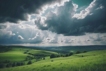 Obraz premium Beautiful view of green landscape against cloudy sky