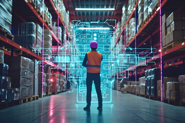Futuristic Technology Retail Warehouse: Worker Doing Inventory Walks when Digitalization Process Analyzes Goods, Delivery Infographics in Logistics, Distribution Center.