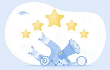 Customer satisfaction and digital marketing concept. Elements of announcement, advertising, content, promotion, positive review and suggestion to improve product or service. Flat vector illustration.