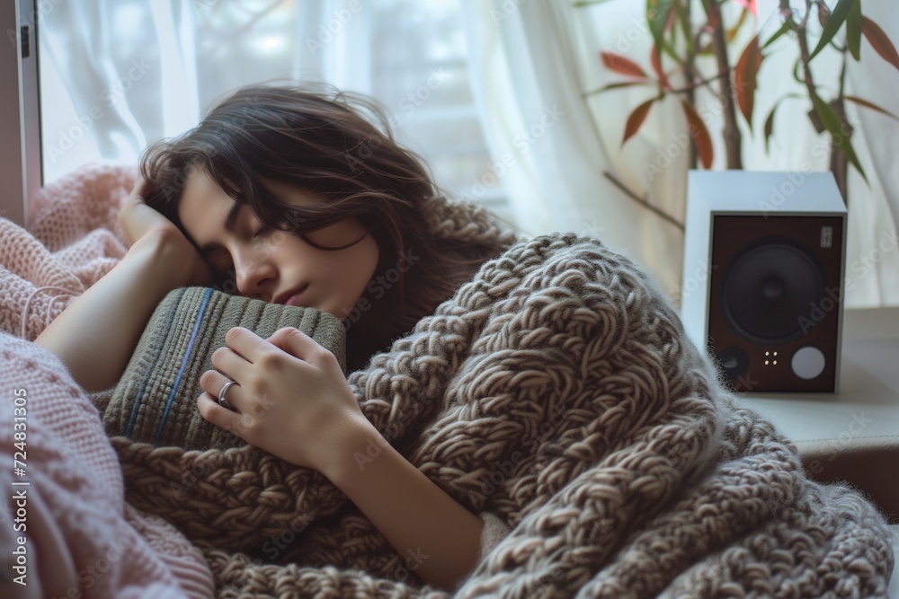 Canvas Prints woman curled up in a knitted throw, soft music playing from nearby speaker