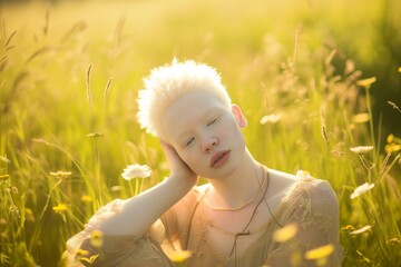 model with albinism posing in a sunlit meadow