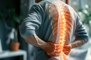 Man Massaging and Stretching the Back. VFX Back Pain Augmented Reality Animation. Close Up of a Senior Male Experiencing Discomfort in a Result of Spine Trauma or Arthritis.