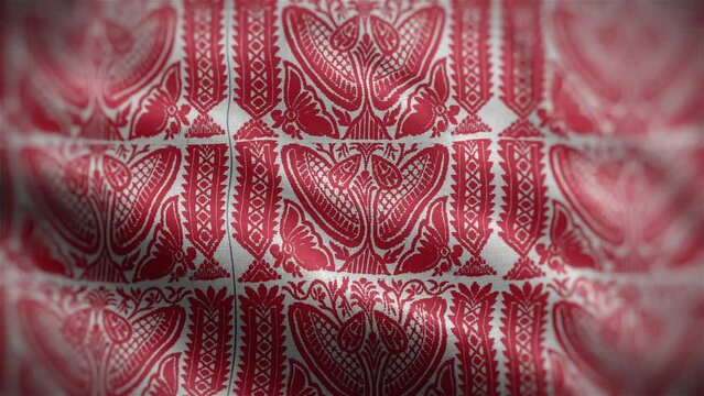 Assamese Gamosa or Gamusa embroidery motifs fabric wave loop. muga silk cloth fluttering in the wind or waving red and white cloth. red Indian pattern.
