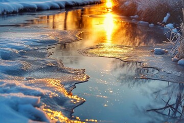 Frozen river with ice and water in spring at sunset. Beautiful spring landscape with a frozen river.