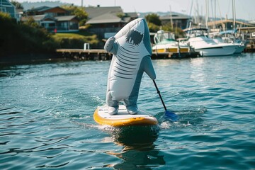 A fearless adventurer braves the waves, gliding across the glistening lake on a paddle board,...
