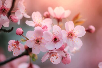 The delicate petals of pink cherry blossoms bloom in the spring, adorning the outdoor landscape with their vibrant hues and symbolizing the beauty of new beginnings