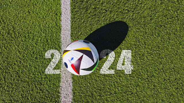 Germany, Hesse, Offenbach am Main, 28.01.2024 a EURO 2024 UEFA bal on the green grass - 2024 Germany