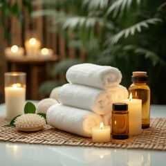A serene indoor scene, with the warm glow of candles casting a peaceful ambiance over a neat stack of fluffy towels