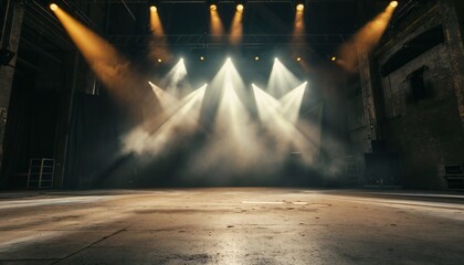 Empty concert stage with illuminated spotlights.