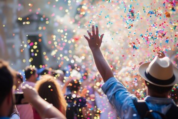 tourist throwing confetti in the air amidst the celebration - obrazy, fototapety, plakaty