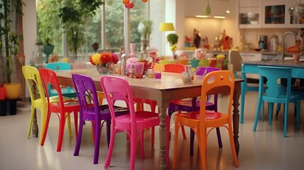 Whimsical rainbow-colored table, mismatched chairs, and quirky decor elements for a playful and eclectic feel in HD.