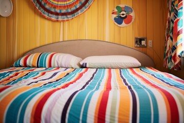 a striped bedspread on a round bed - obrazy, fototapety, plakaty