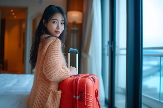 A stylish woman with a confident expression carries her red handbag as she stands against a wall, ready to embark on a new adventure with her suitcase in hand