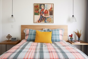 a bedspread with a seersucker texture on a poster bed - obrazy, fototapety, plakaty