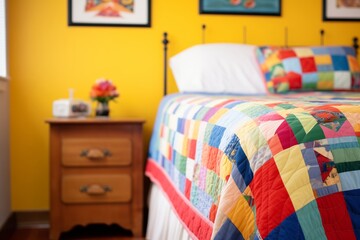 a colorful quilted bedspread on a trundle bed