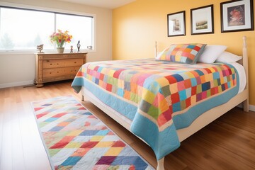 a colorful quilted bedspread on a trundle bed - obrazy, fototapety, plakaty