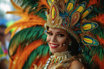 Vibrant Carnival Dancer in Feathered Headdress
