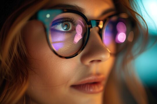 A captivating portrait of a woman, her wise eyes peering through stylish spectacles, highlighting the delicate features of her face and accentuating the natural beauty of her skin