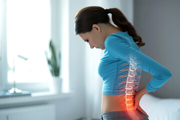 Massaging and Stretching the Back. VFX Back Pain Augmented Reality Animation. Woman Experiencing Discomfort in a Result of Spine Trauma or Arthritis.