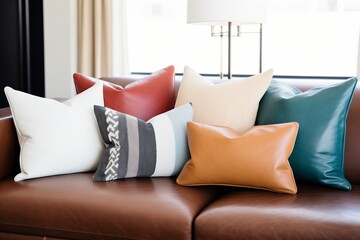 a variety of leather throw pillows placed on a leather couch