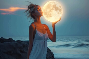 A woman in a flowing dress gazes at the moon in the sky above a serene beach, her connection to the ocean and the sun reflecting her inner peace