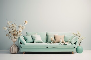 blue soft and comfortable couch is placed in an empty white room with pots of flowers and leaves