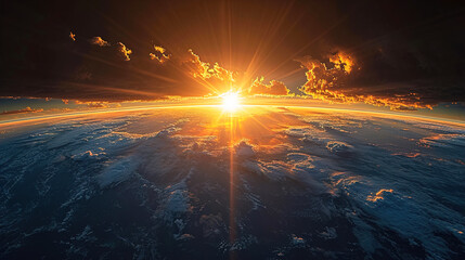 Obraz premium Captured from Space, Orbital Marvel Earth's Sunrise , Showcasing the Spectacle of the Sun's Golden Rays 