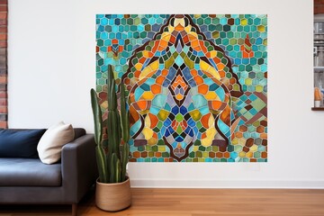 mosaic themed wall decal on a brick wall