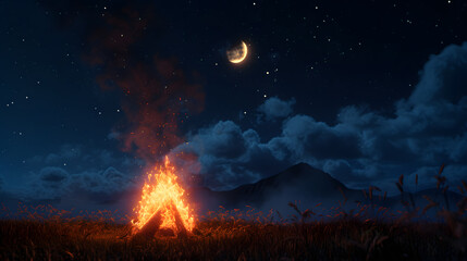 Burning bonfire in the mountains at night