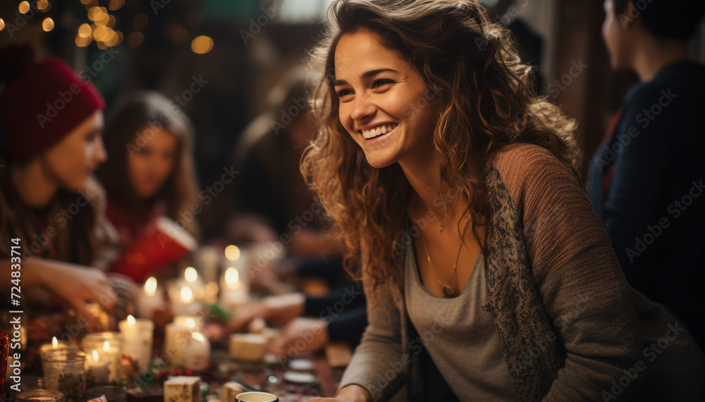 Sticker smiling women enjoying indoor celebration, laughter and togetherness generated by ai