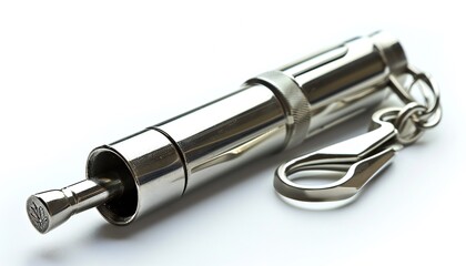 Metal whistle isolated on white. A small, shiny.