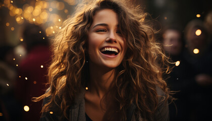 Smiling young woman enjoying outdoors, looking at camera generated by AI