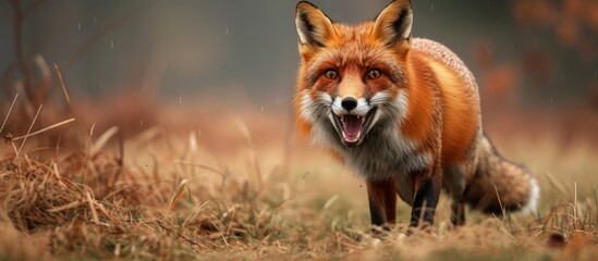 A fox hunting in an open field, its mouth open and eyes focused.